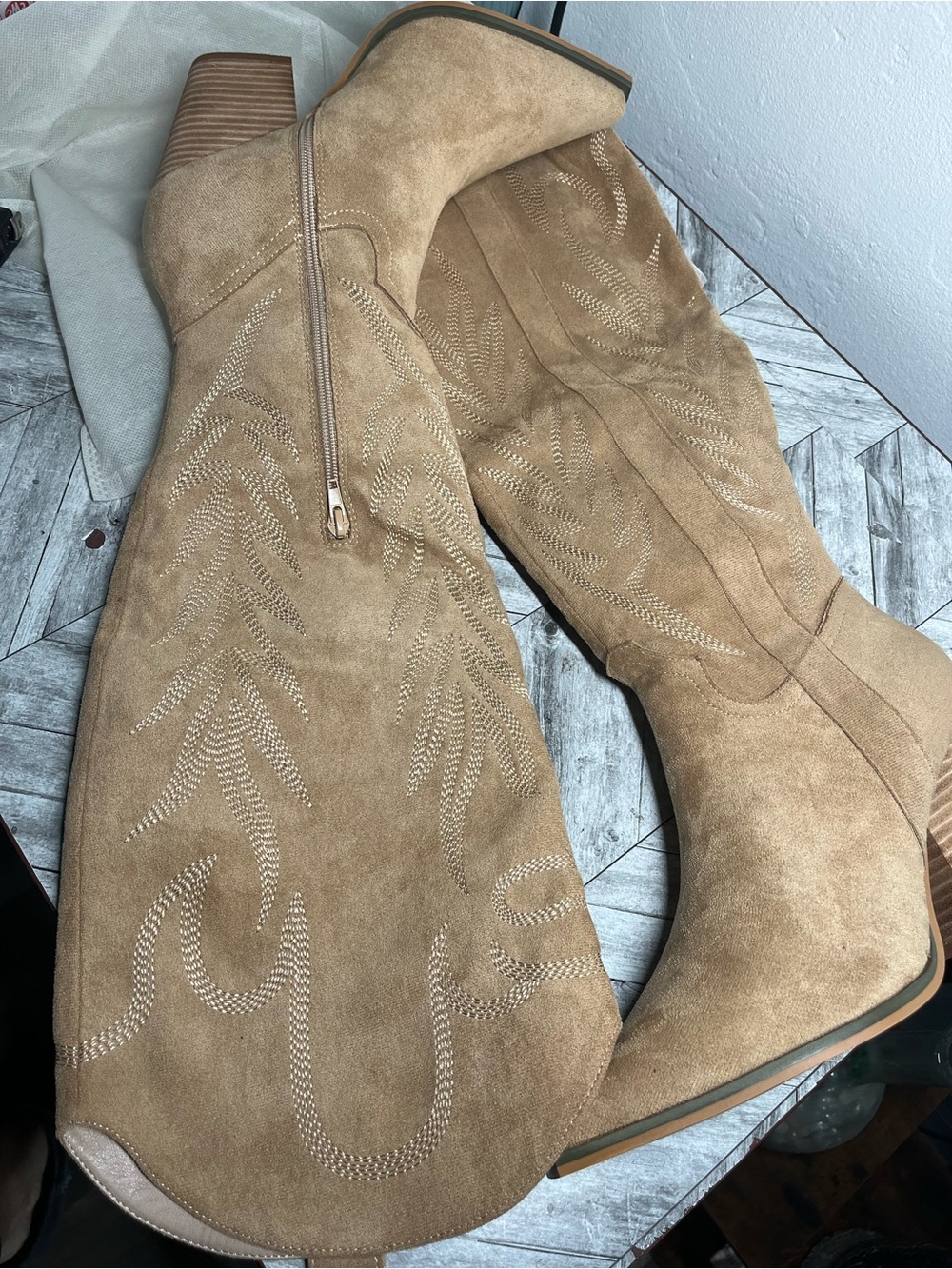 Over-the-Knee Beige Suede Western Boots - Picture 6 of 14